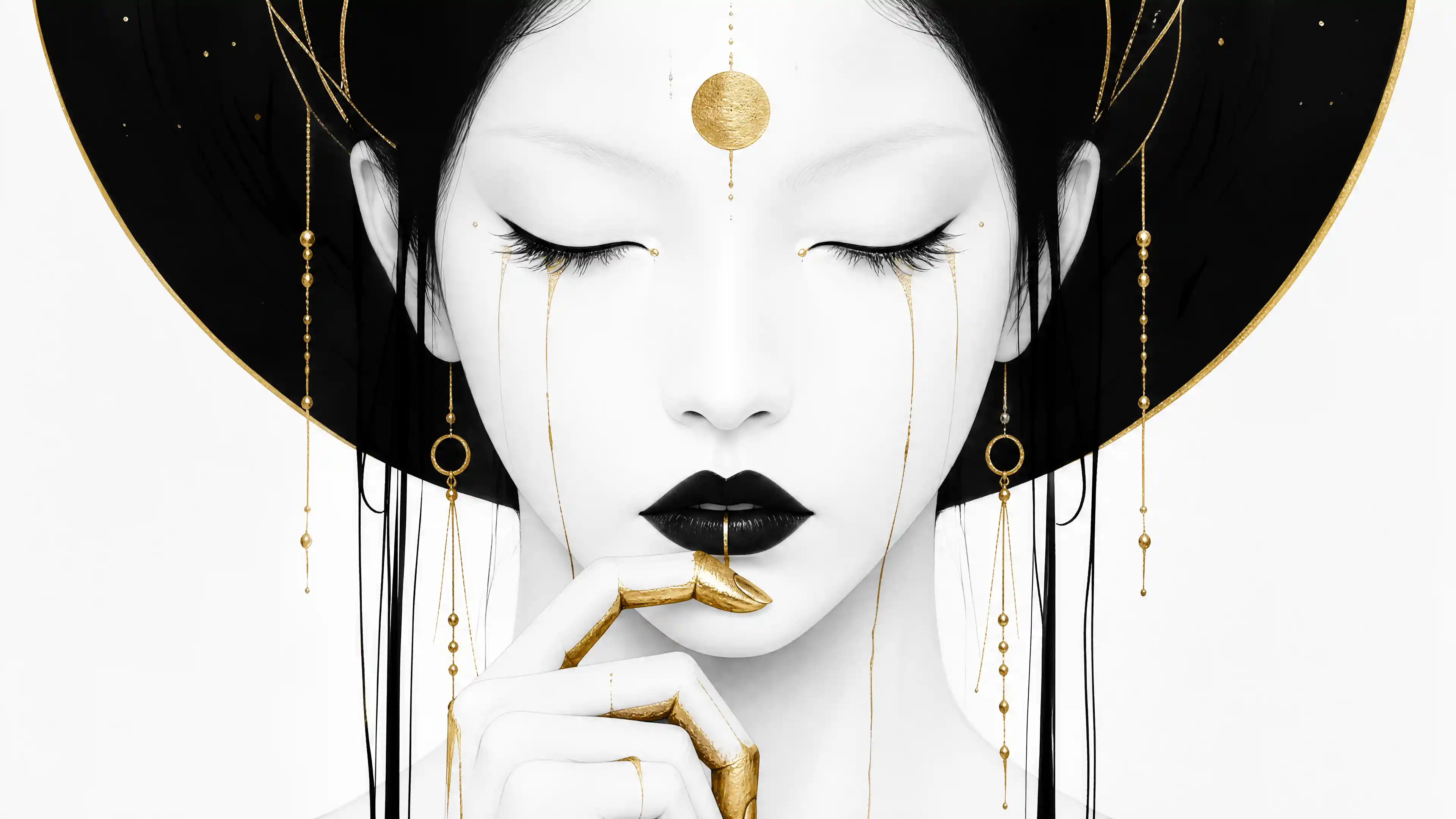 Women with snow-white skin and gold details in a monochrome palette