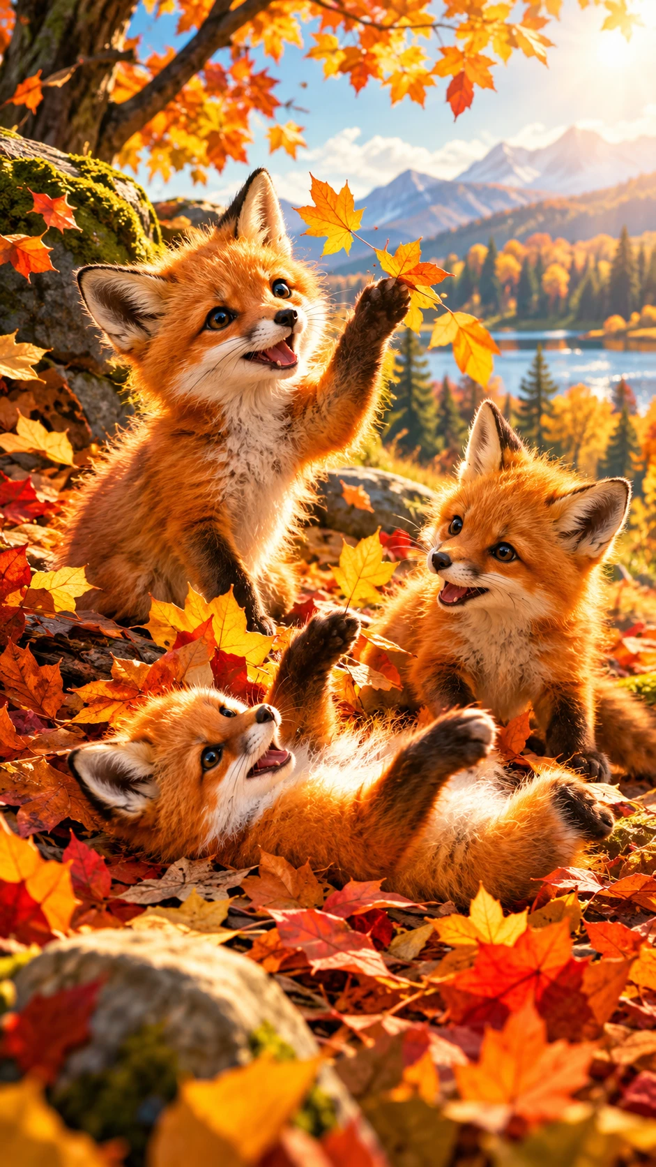 Three Fox Cubs Play in Autumn Leaves Beneath Bright Sunshine