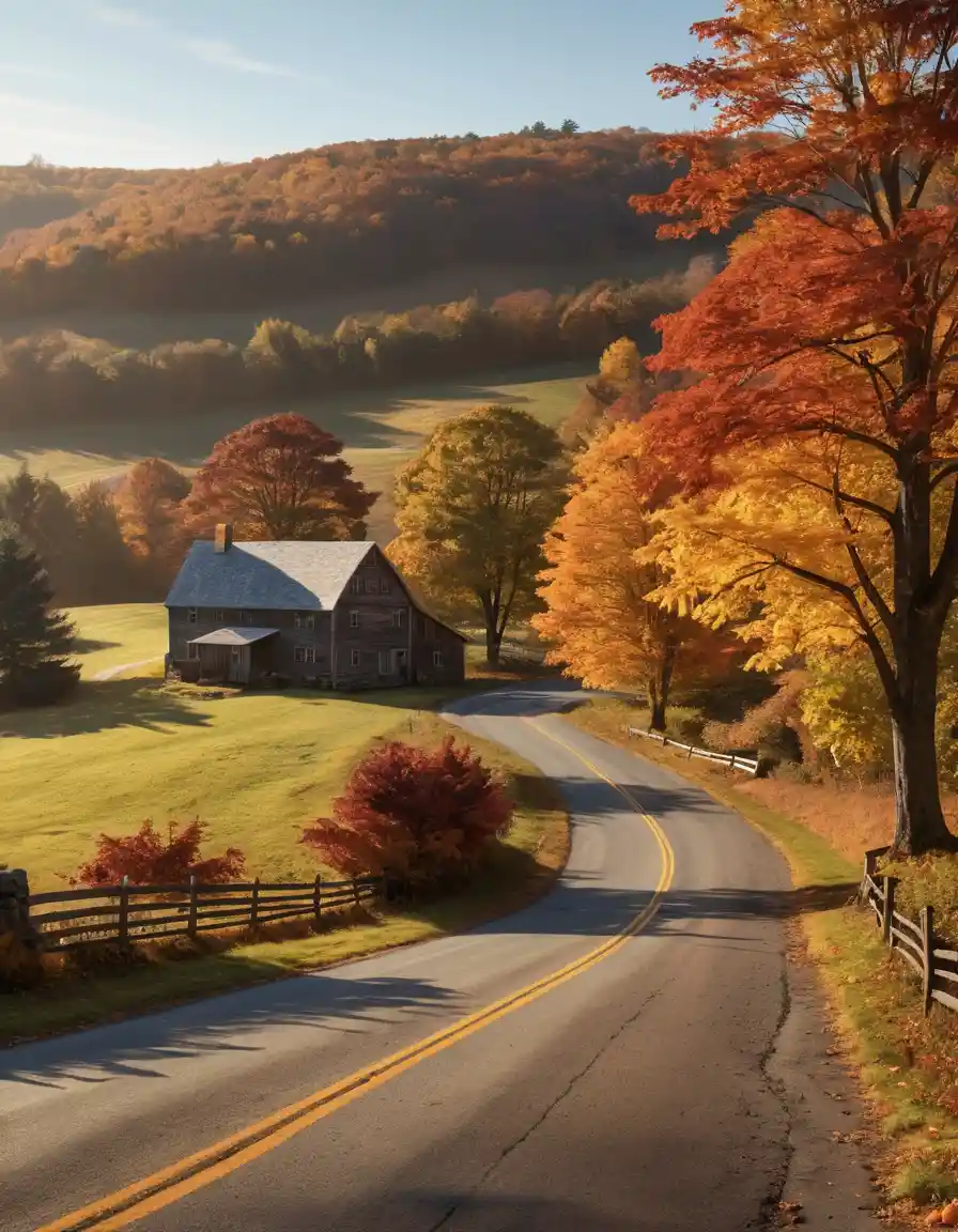 A country road winds through New England's autumn hills