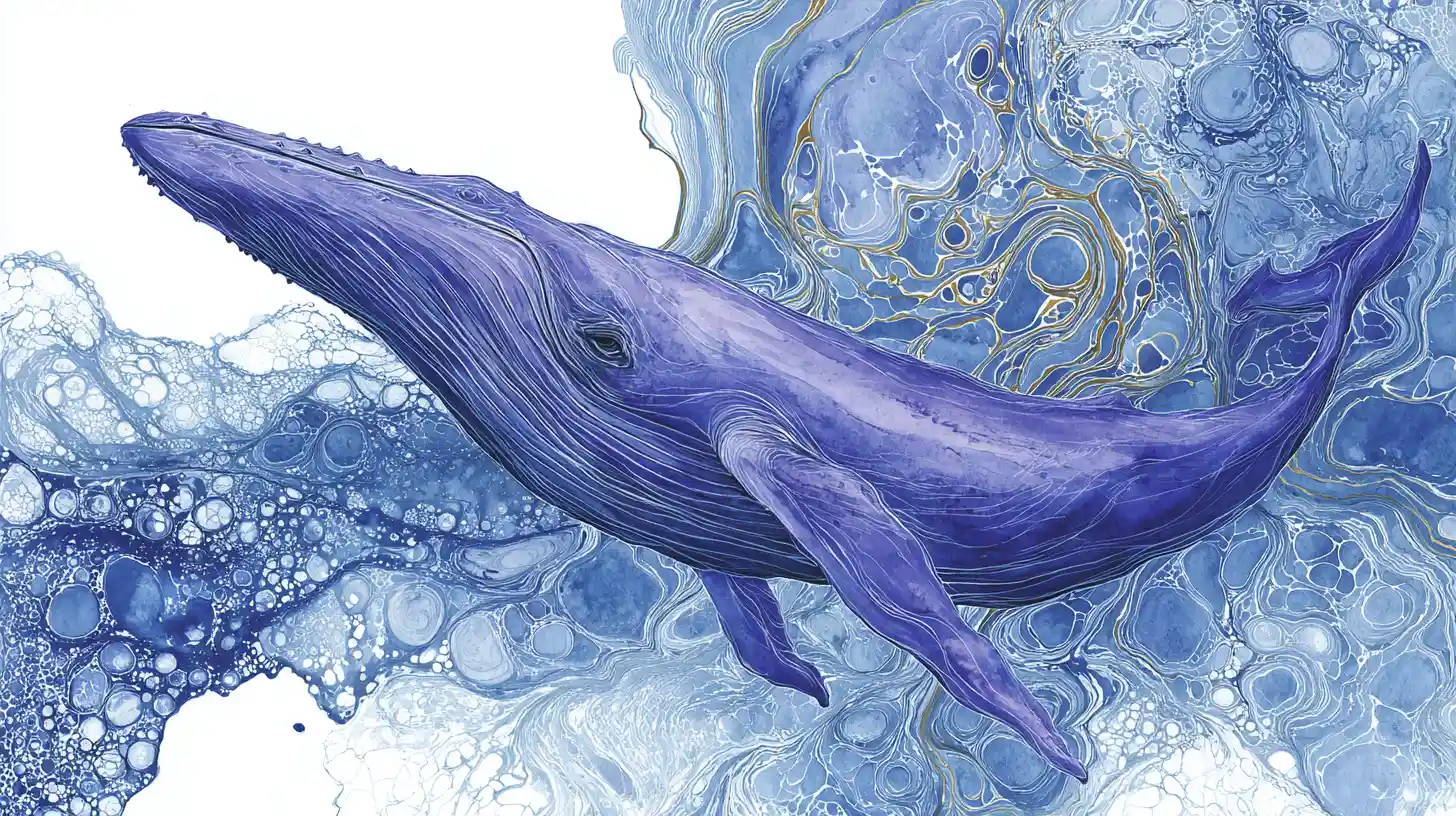A blue whale moves beneath the ocean amid swirling eddies