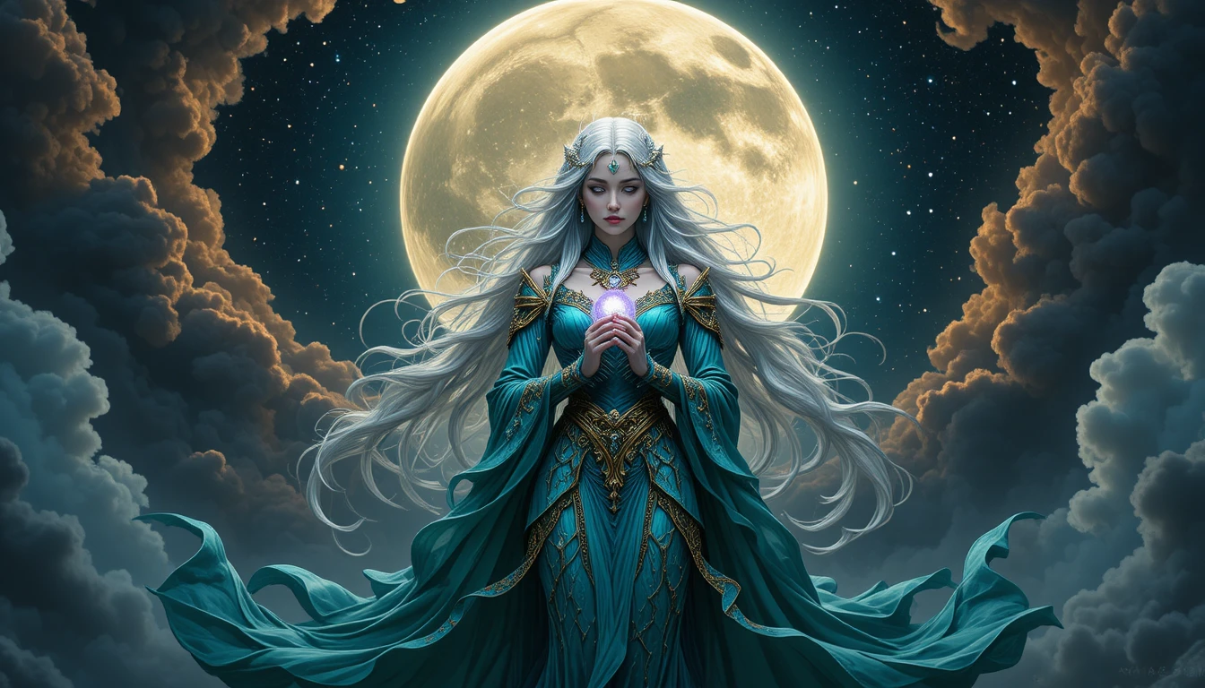 A Fantasy Woman Stands Beneath a Vast Moon in a Celestial Sky