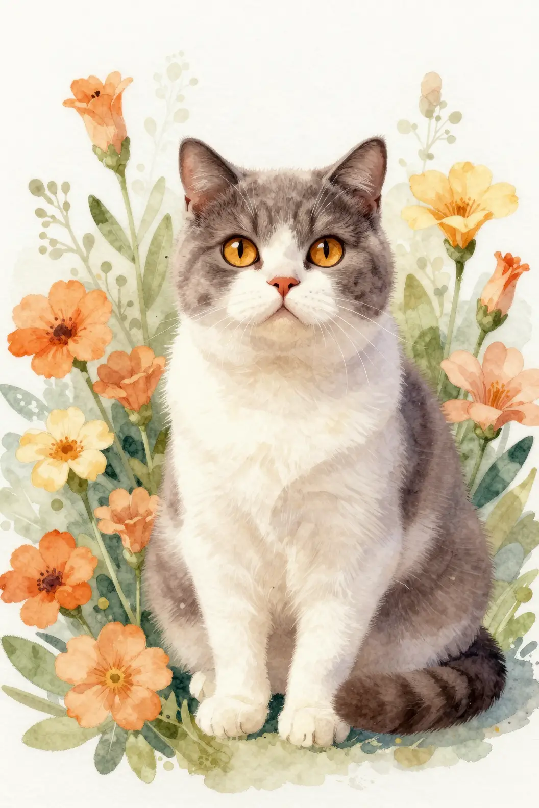 A British Shorthair Cat Sits Among Muted Orange And Yellow Flowers