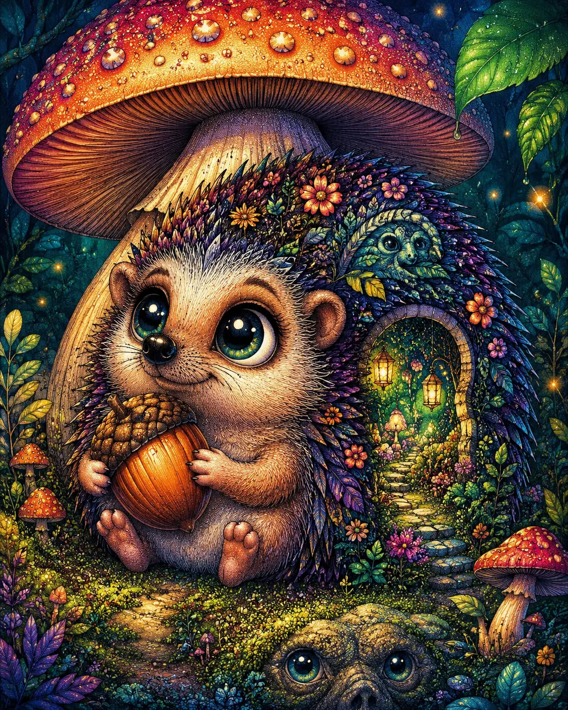 A Round Hedgehog Holds an Acorn Beneath a Giant Mushroom