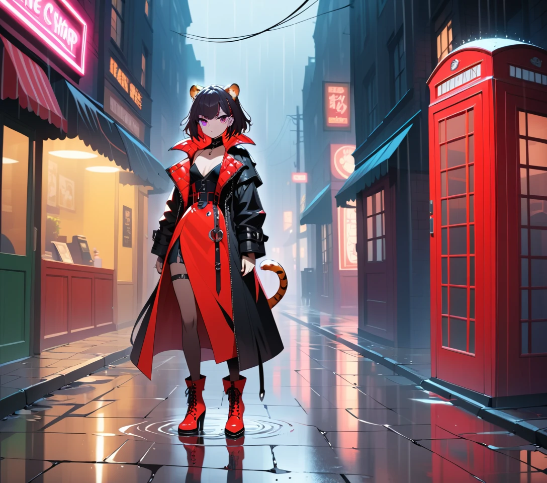 Chica tigre de anime bajo la lluvia en una calle de Londres a medianoche