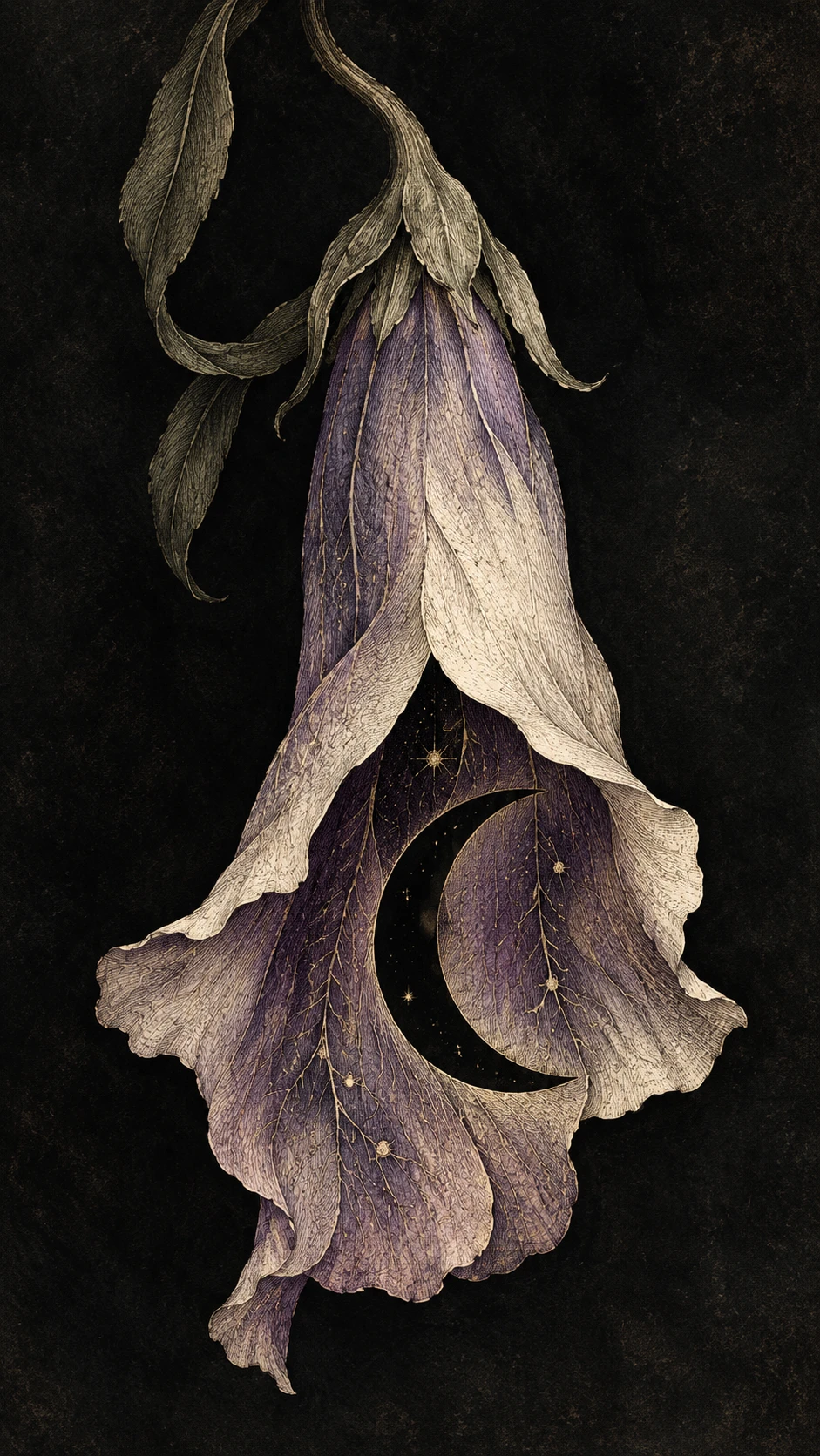 A suspended bellflower reveals a crescent within its engraved petals