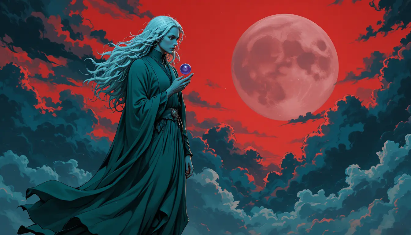 A Floating Figure Holds a Violet Orb Beneath a Red Moon
