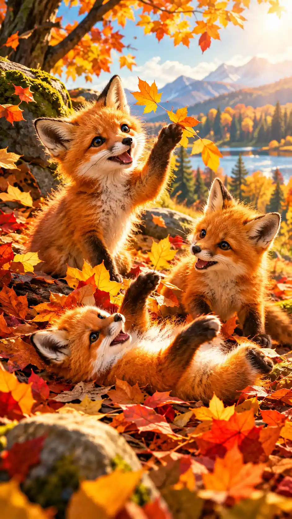 Three Fox Cubs Play in Autumn Leaves Beneath Bright Sunshine