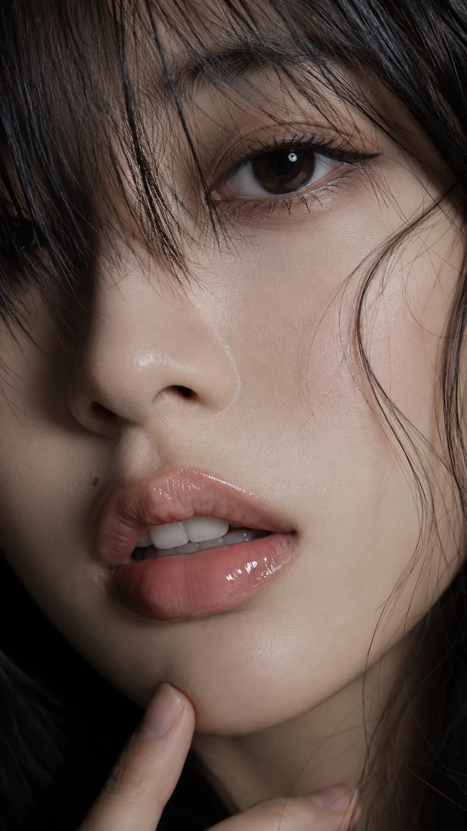 Retrato en primer plano de una mujer con labios brillantes y flequillo negro