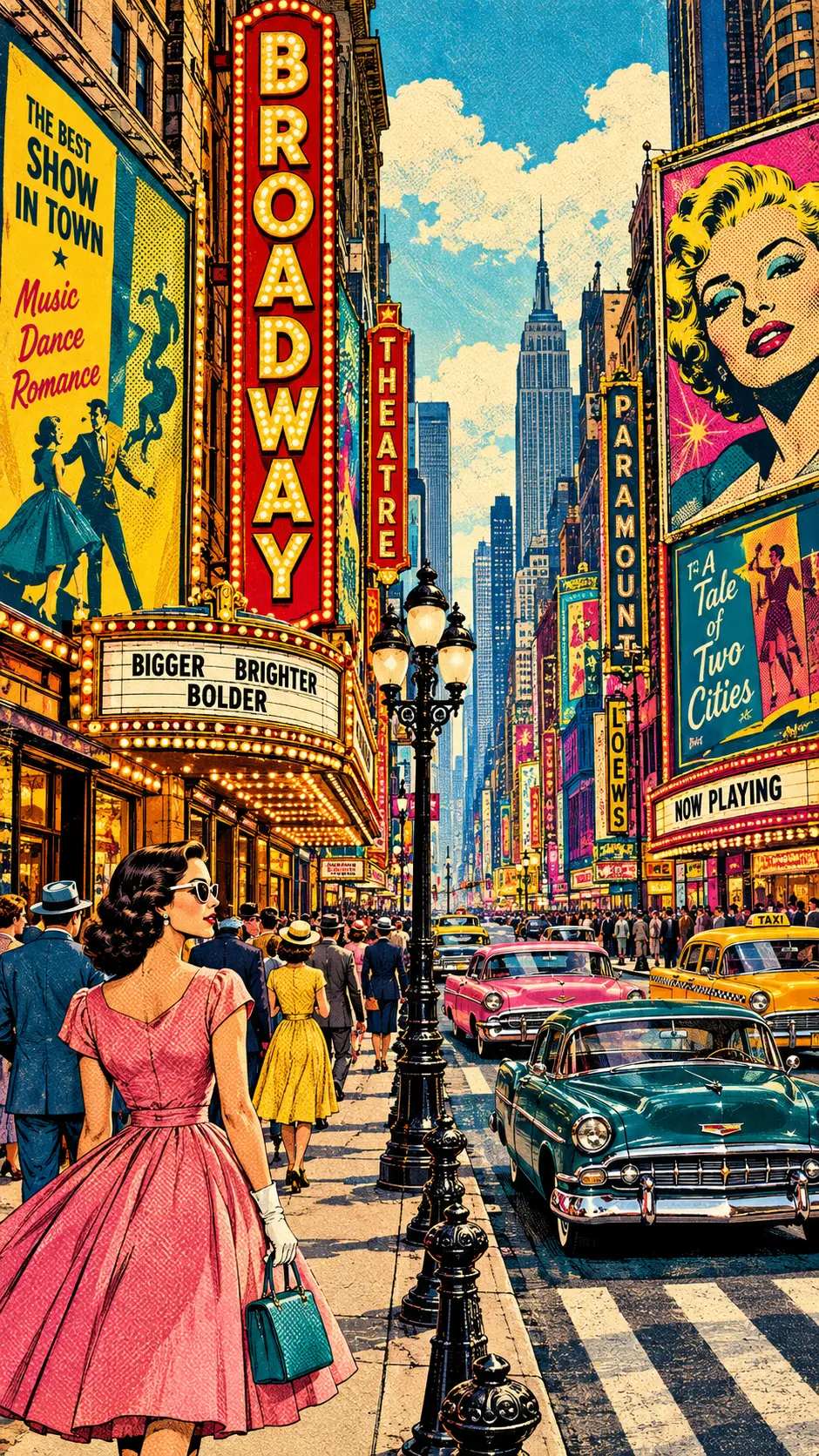 A bustling 1950s Broadway street framed by towering theater marquees