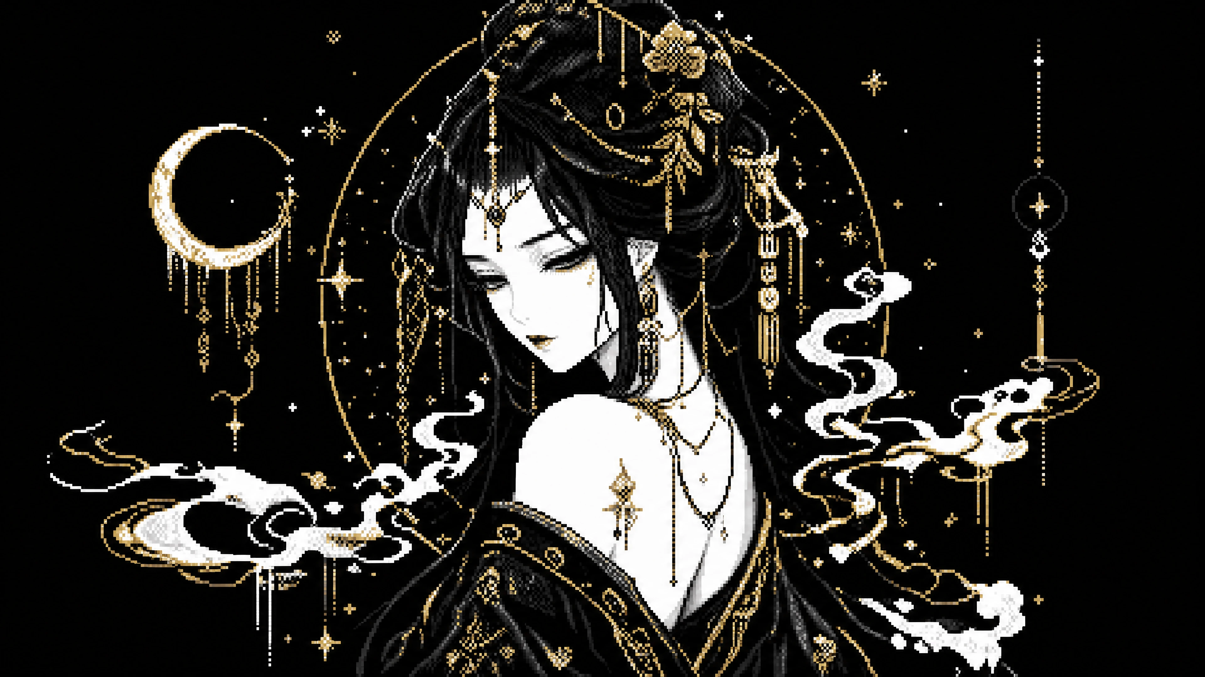 Uma mulher em pixel art a preto e branco, com pele clara e detalhes dourados