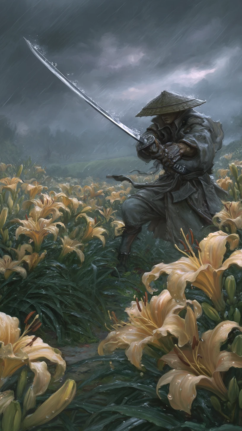 Un ronin con cappello di paglia affronta la pioggia tra gigli in fiore