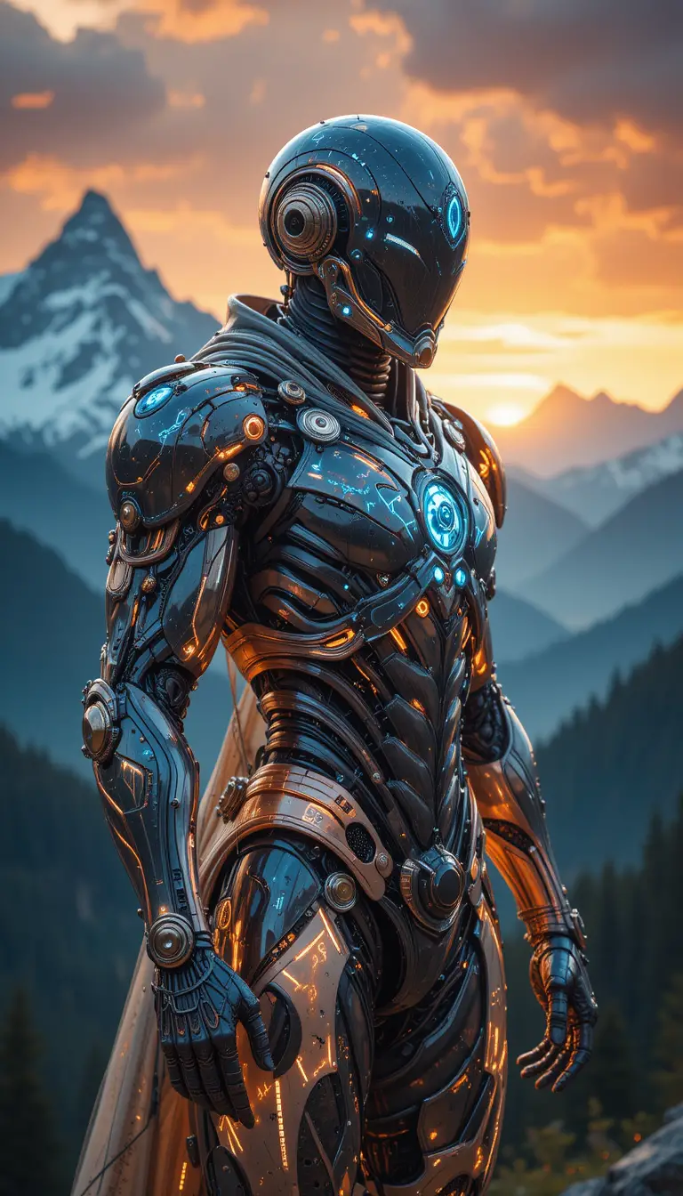 A Magical Suit Of Armor Stands Before Snow Capped Mountains