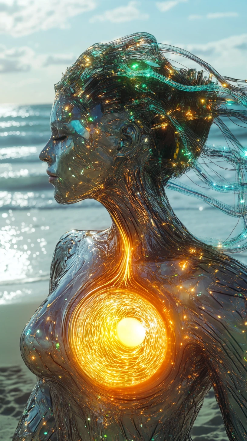 Una diosa cyberpunk mira al frente en una playa futurista con un núcleo resplandeciente
