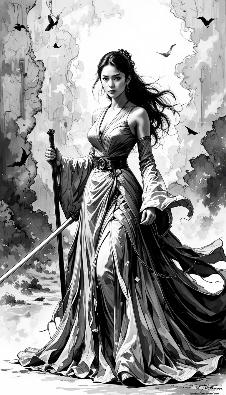 A Determined Woman Holds a Sword in an Elegant Gown