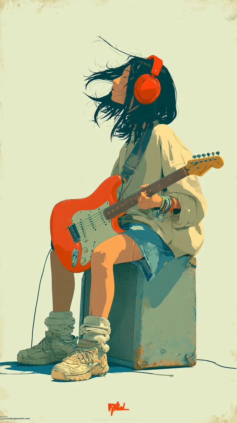 Anime girl playing electric guitar while seated on a vintage amplifier