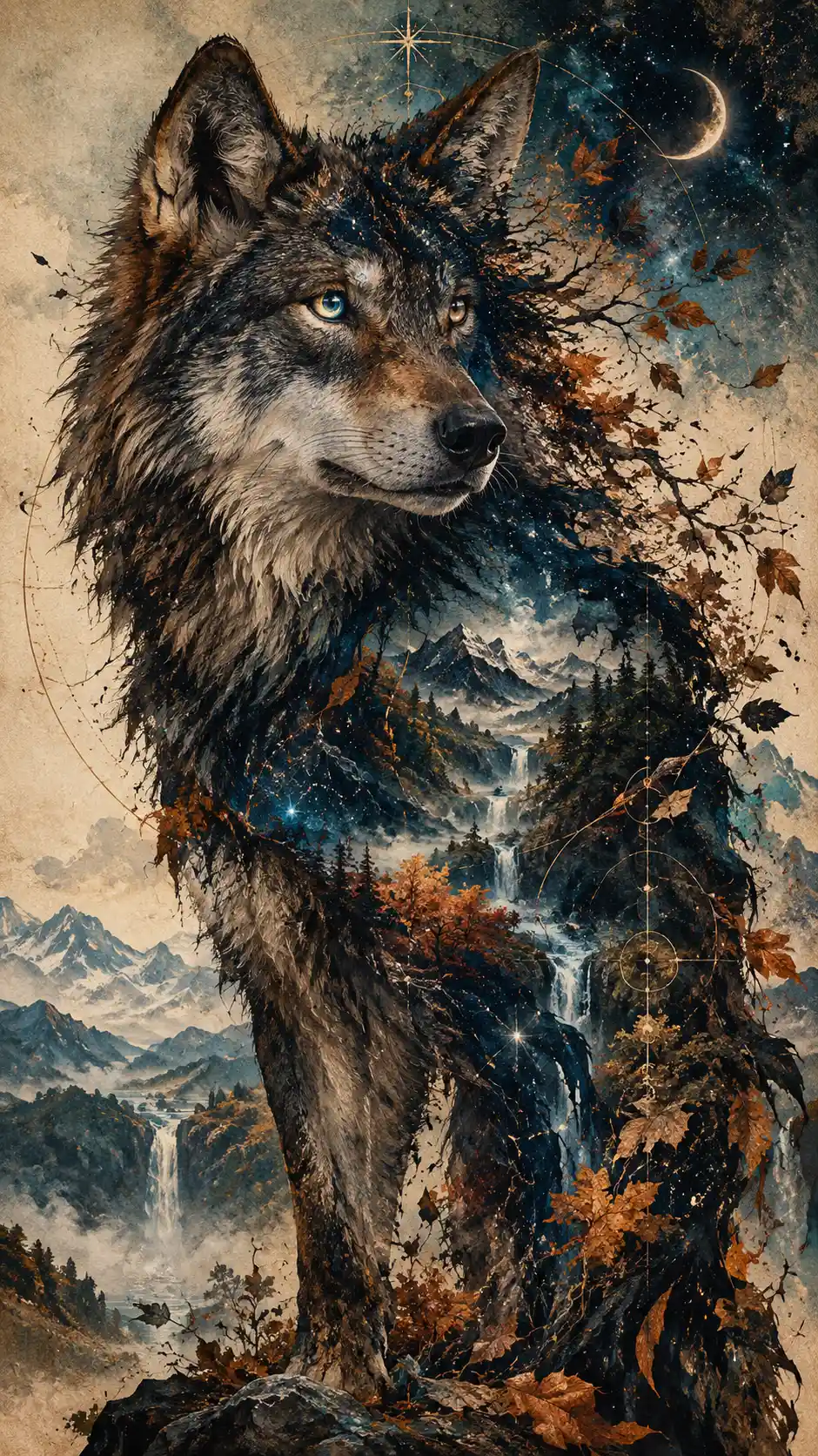 Um lobo sob um céu estrelado numa paisagem de outono