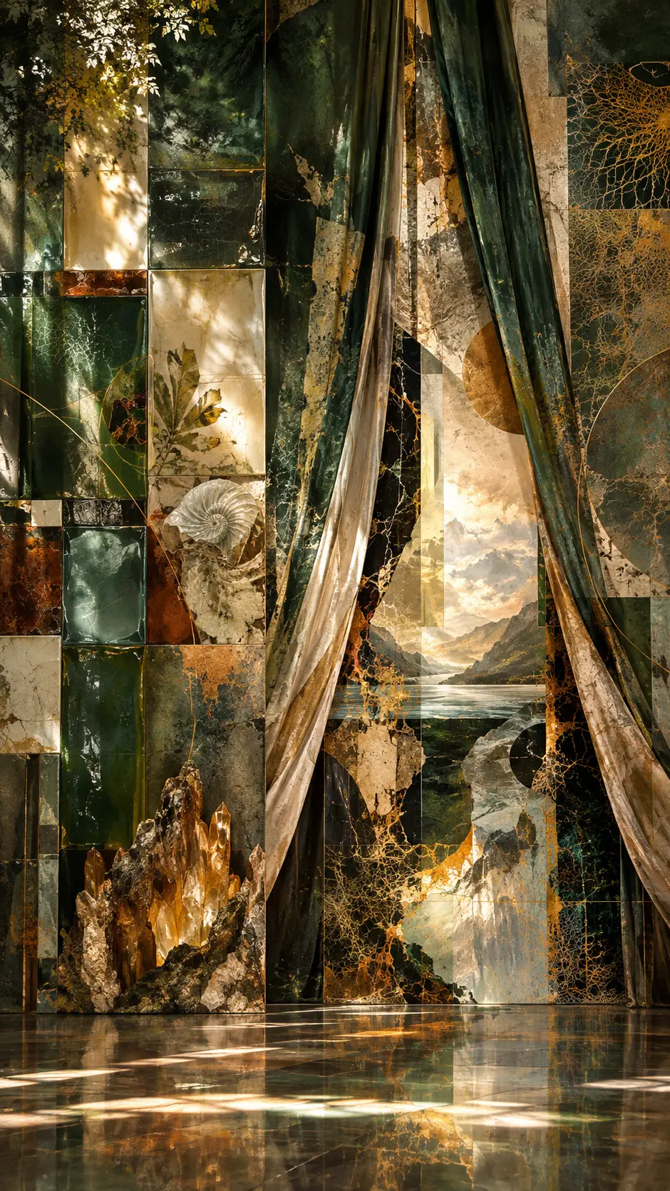 Layered abstract digital art with glossy surfaces and forest-inspired colors