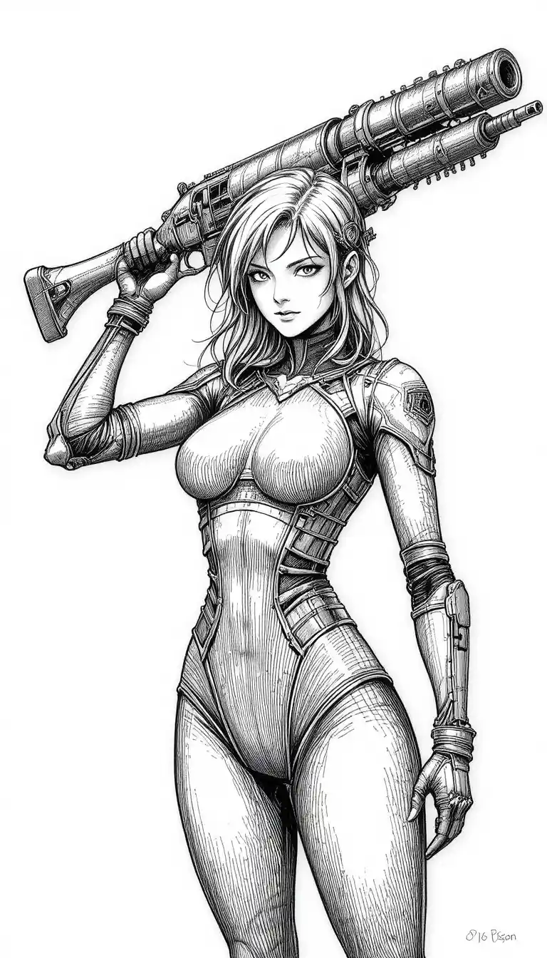 Eine Manga-Kriegerin hebt eine gebogene Waffe mit mehreren Linsen über den Kopf