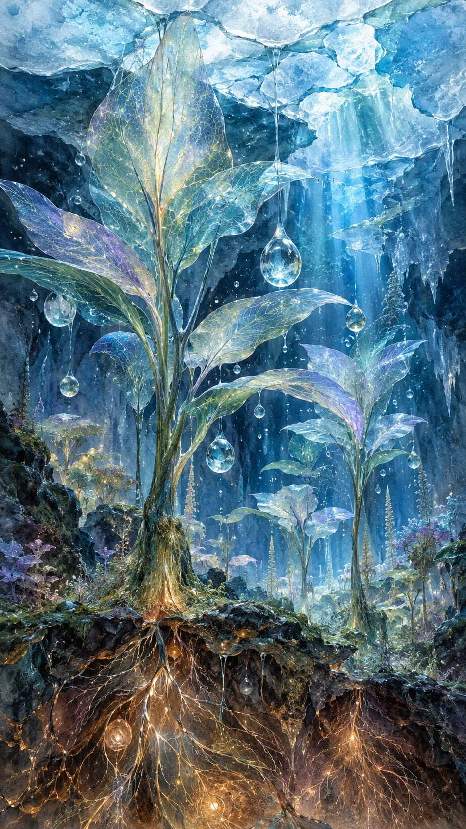 A subterranean garden thrives beneath fractured ancient ice