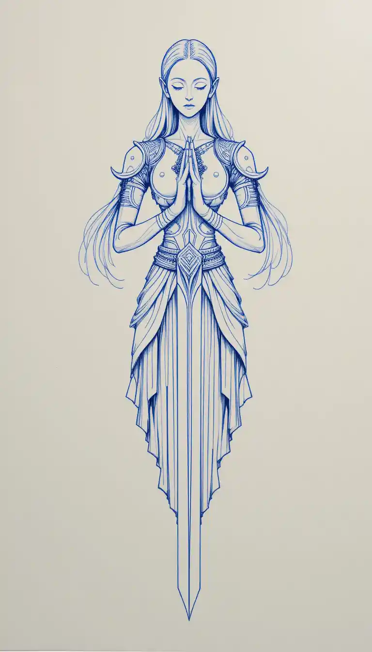 Una figura humana se transforma en una espada en un dibujo simétrico a tinta