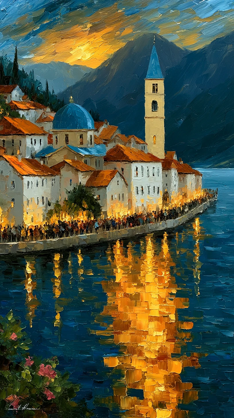 A lakeside village glows beneath blue mountains at golden hour