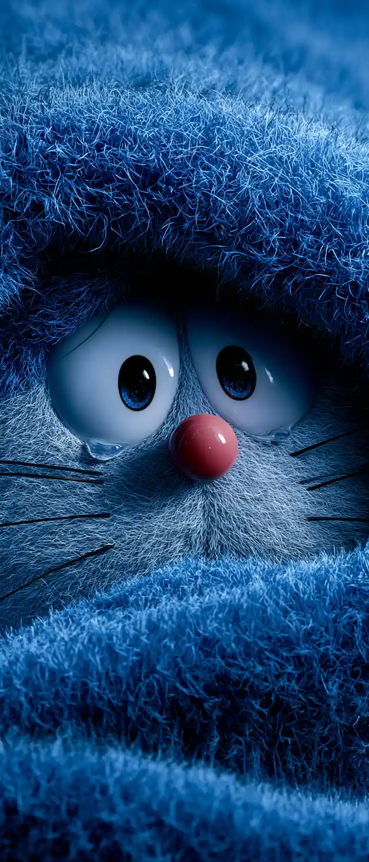 Doraemon lugt mit großen, tränennassen Augen aus blauen Plüschfalten hervor