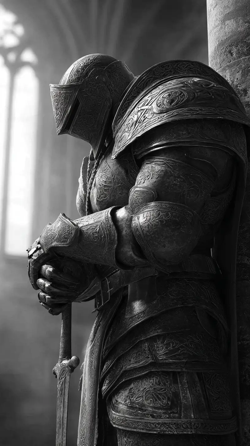 A Medieval Knight Dons Dark Armor Inside a Stone Armory at Dawn