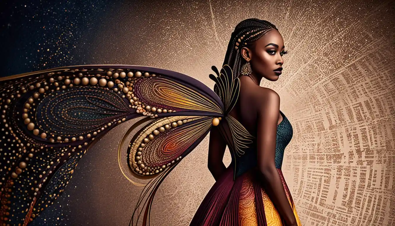 Uma mulher com um vestido escultural e asas de borboleta cósmicas
