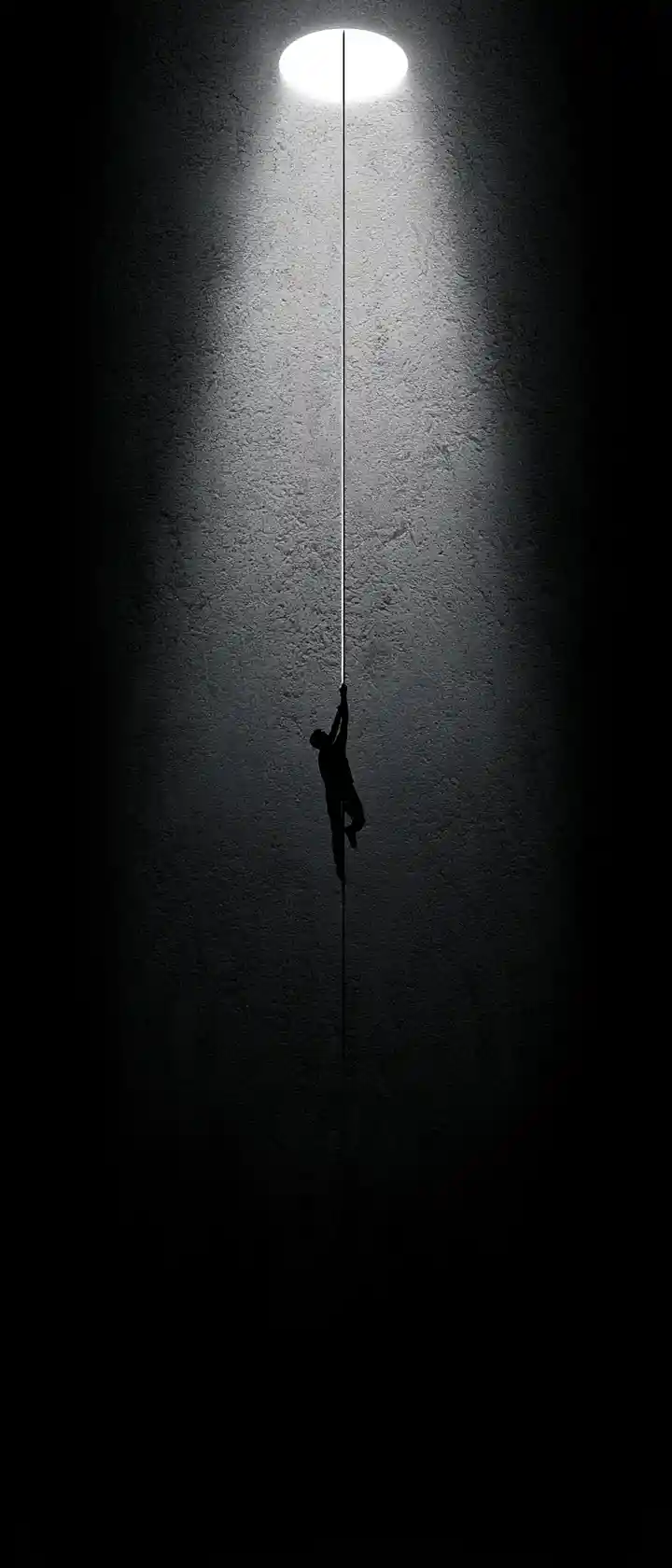 A Silhouetted Climber Ascends a Glowing Cable Toward a White Light
