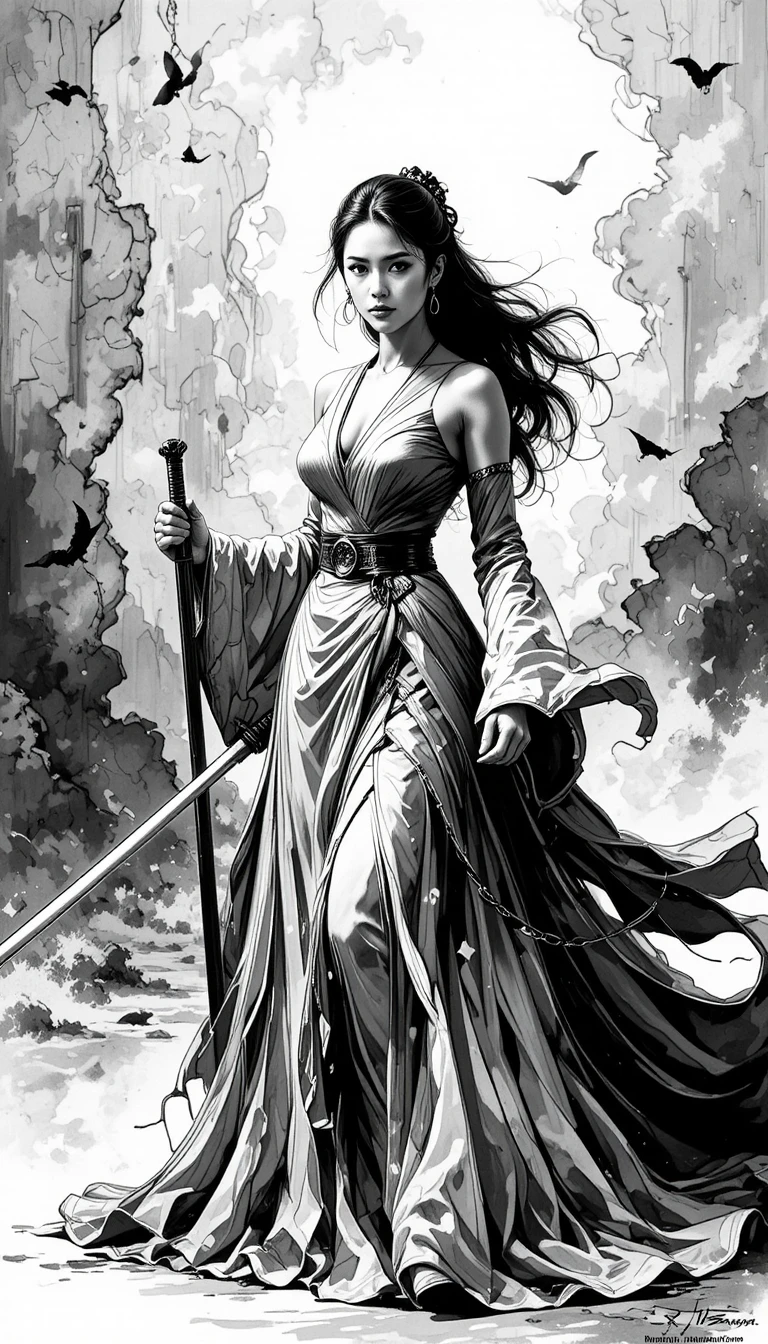 A Determined Woman Holds a Sword in an Elegant Gown