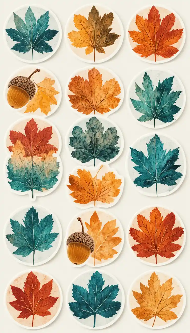 Autumn Leaf and Acorn Stickers in a Two Color Risograph Style