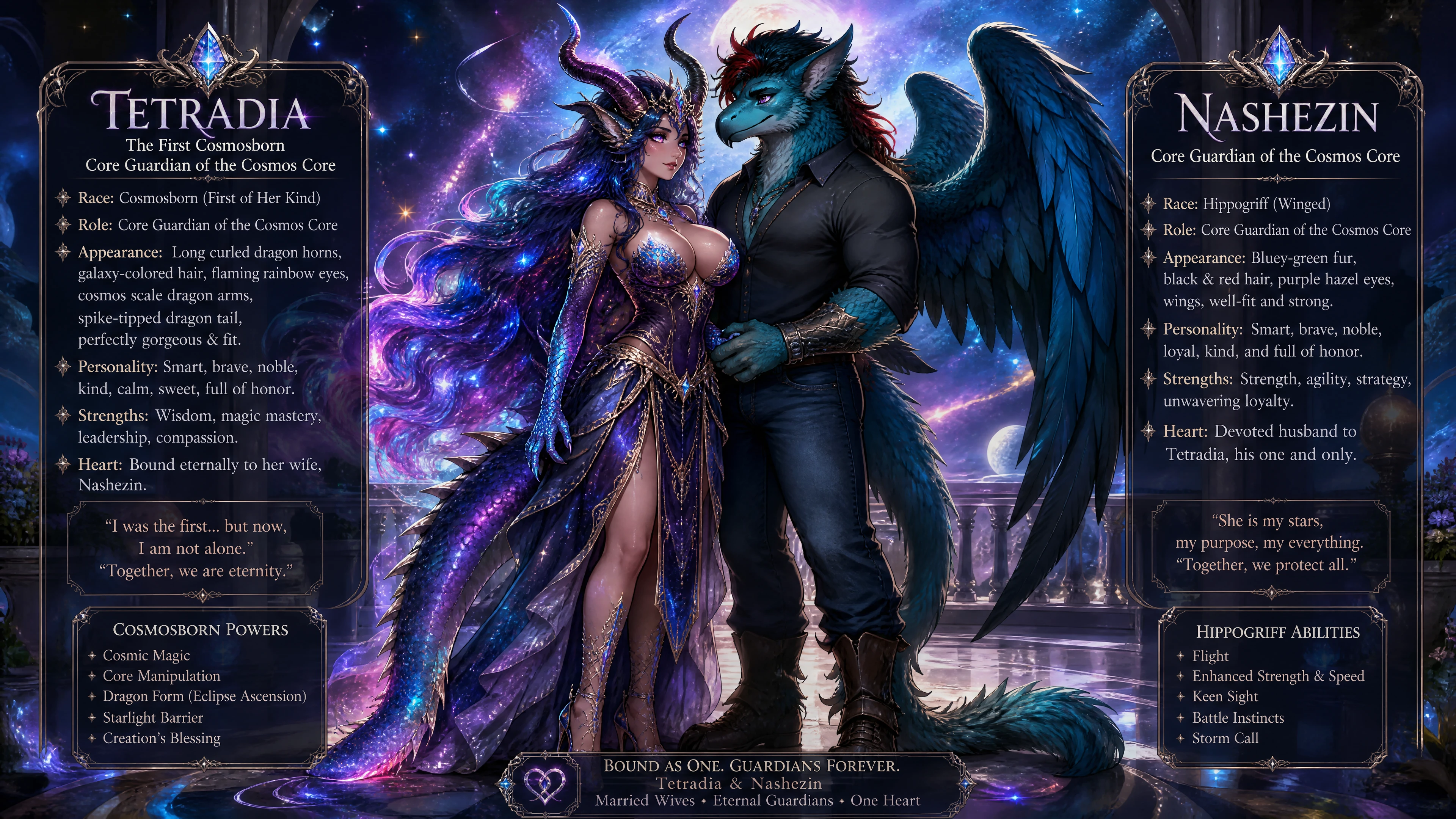 Donna fantasy con corna di drago, capelli galattici e braccia squamose