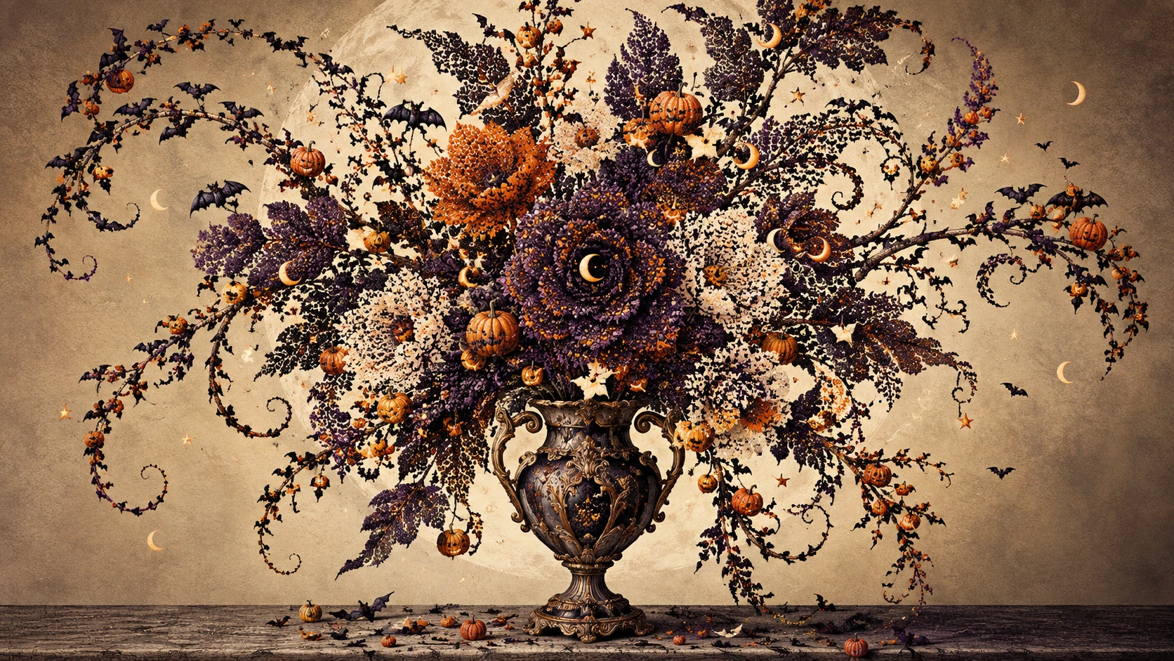 Un ramo de Halloween con murciélagos y flores en un jarrón antiguo