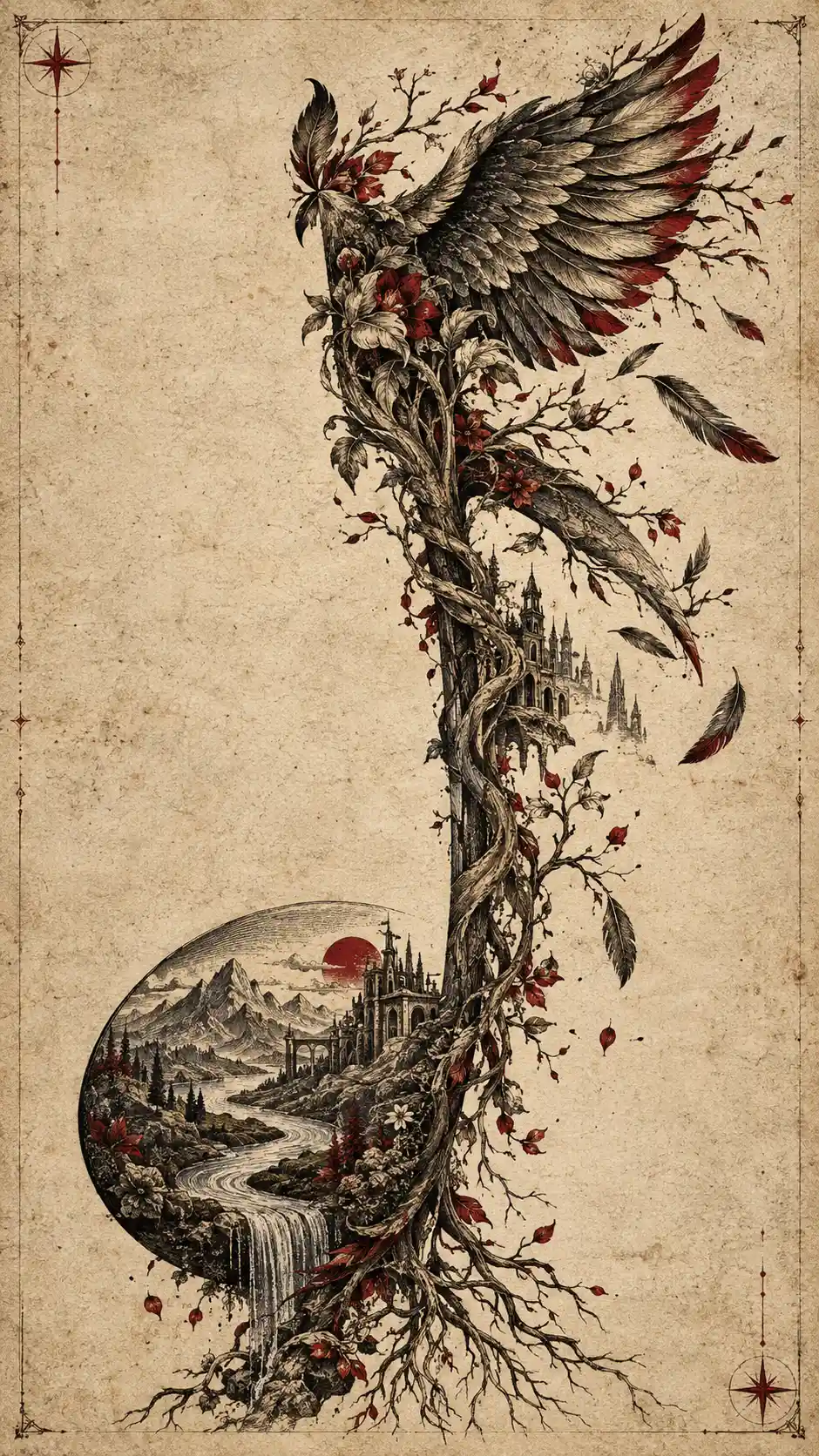 Una nota musical surrealista se despliega y se convierte en un paisaje grabado lleno de vida