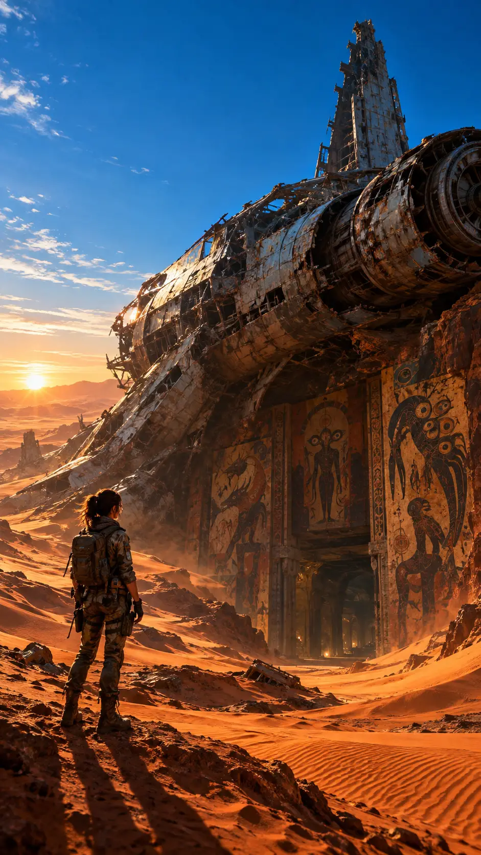 Los restos de una nave espacial colosal, enterrados en un vasto desierto al atardecer