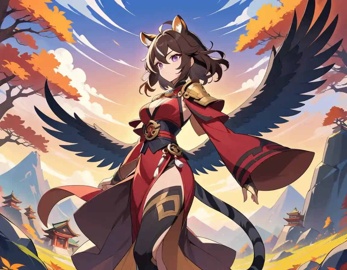 A Tiger Woman Warrior With Crow Wings At A Mountain Shrine