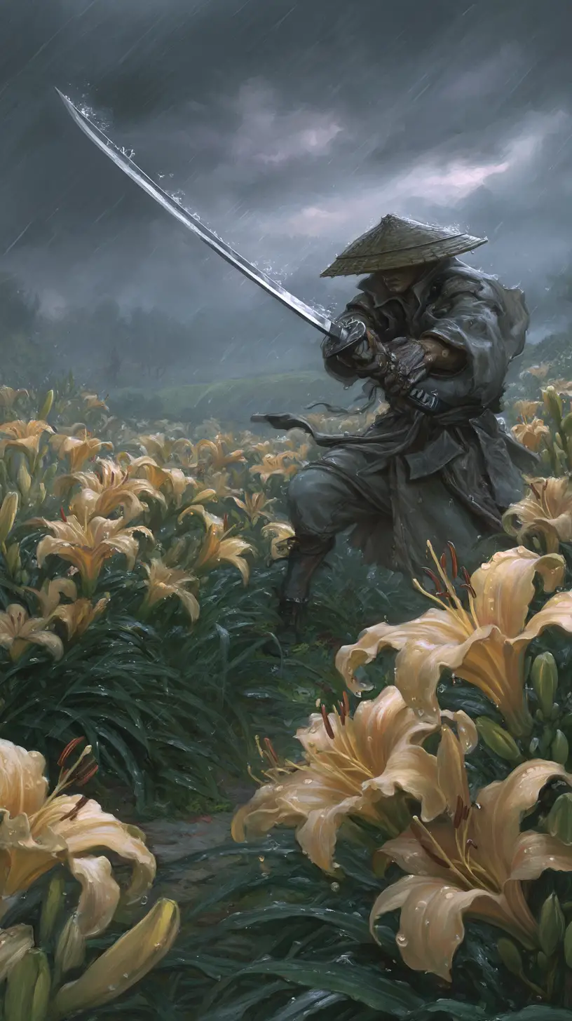 Un ronin con cappello di paglia affronta la pioggia tra gigli in fiore