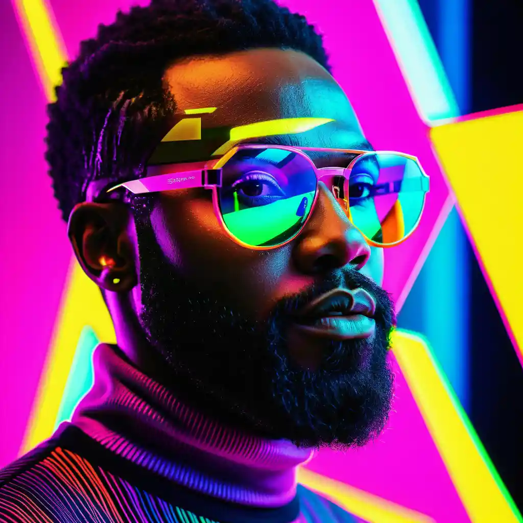 Um homem negro barbudo com óculos de sol magenta sob luzes de néon