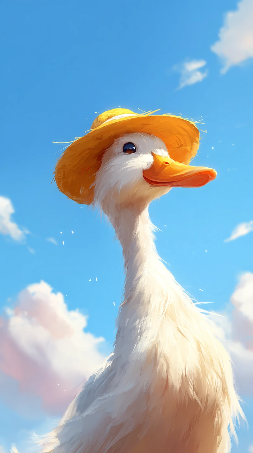 A benevolent duck in a yellow hat beneath a cloud-dappled blue sky