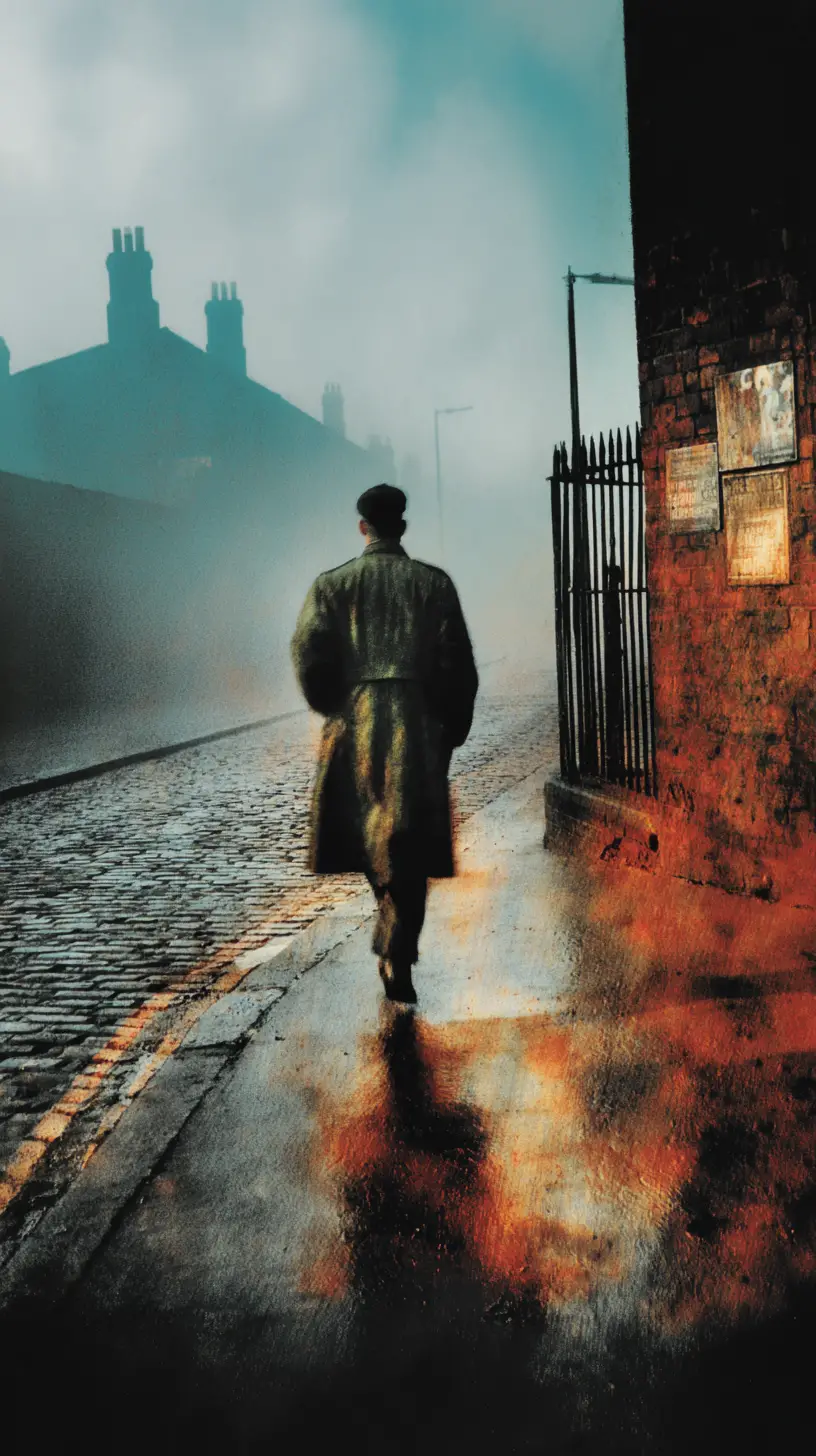 A weary figure amid rain-slicked cobblestones and brutalist London shadows