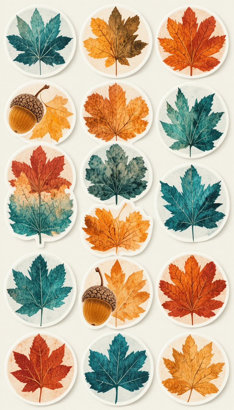 Autumn Leaf and Acorn Stickers in a Two Color Risograph Style