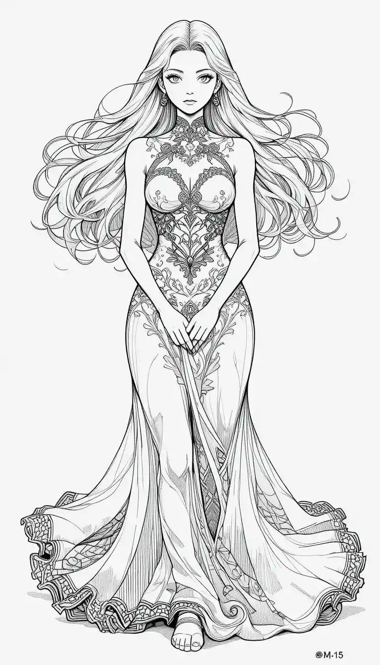 Una mujer de anime con cabello suelto, las manos juntas y un vestido ornamentado