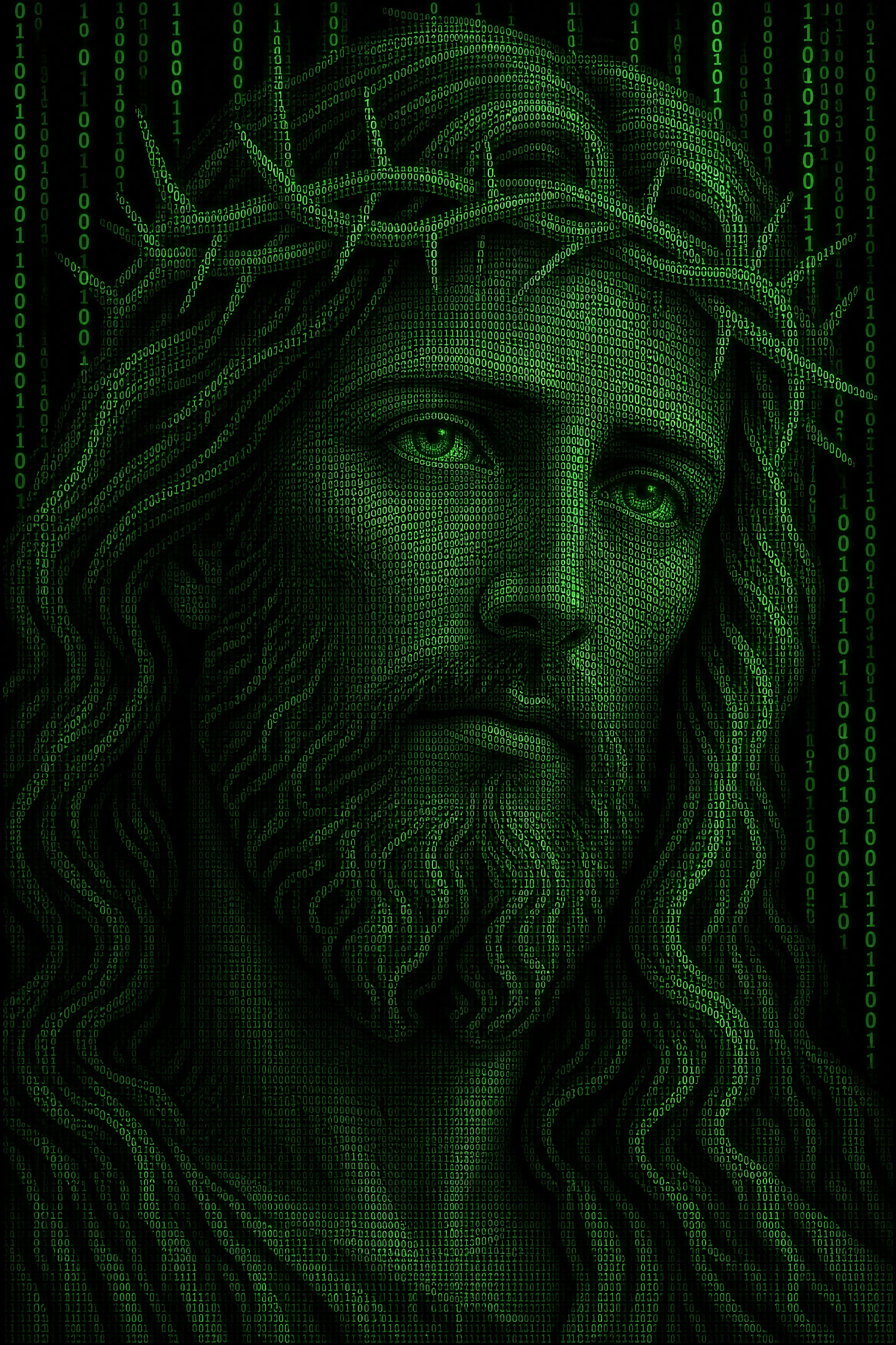 Ein grünes Binärporträt von Jesus Christus vor schwarzem Hintergrund