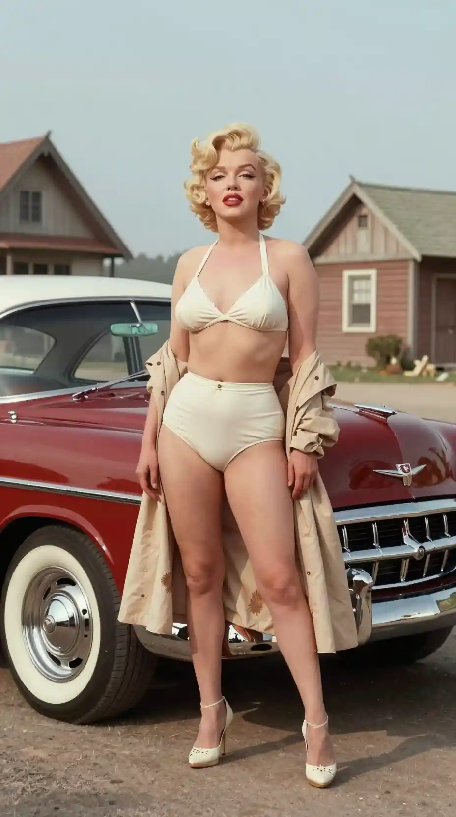 Marilyn Monroe Smiles Beside a Classic American Car in Sunlight