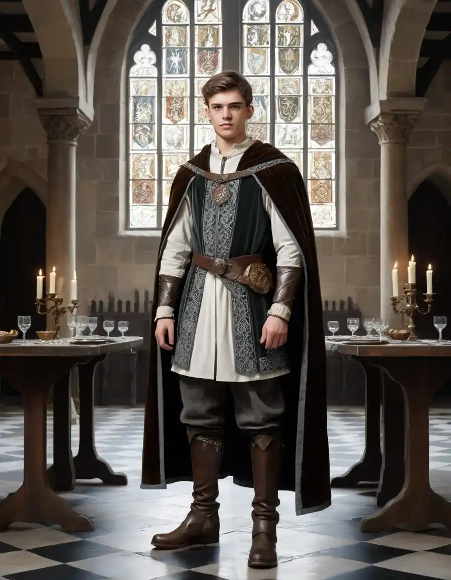 A teenage nobleman poses in a castle hall wearing embroidered attire