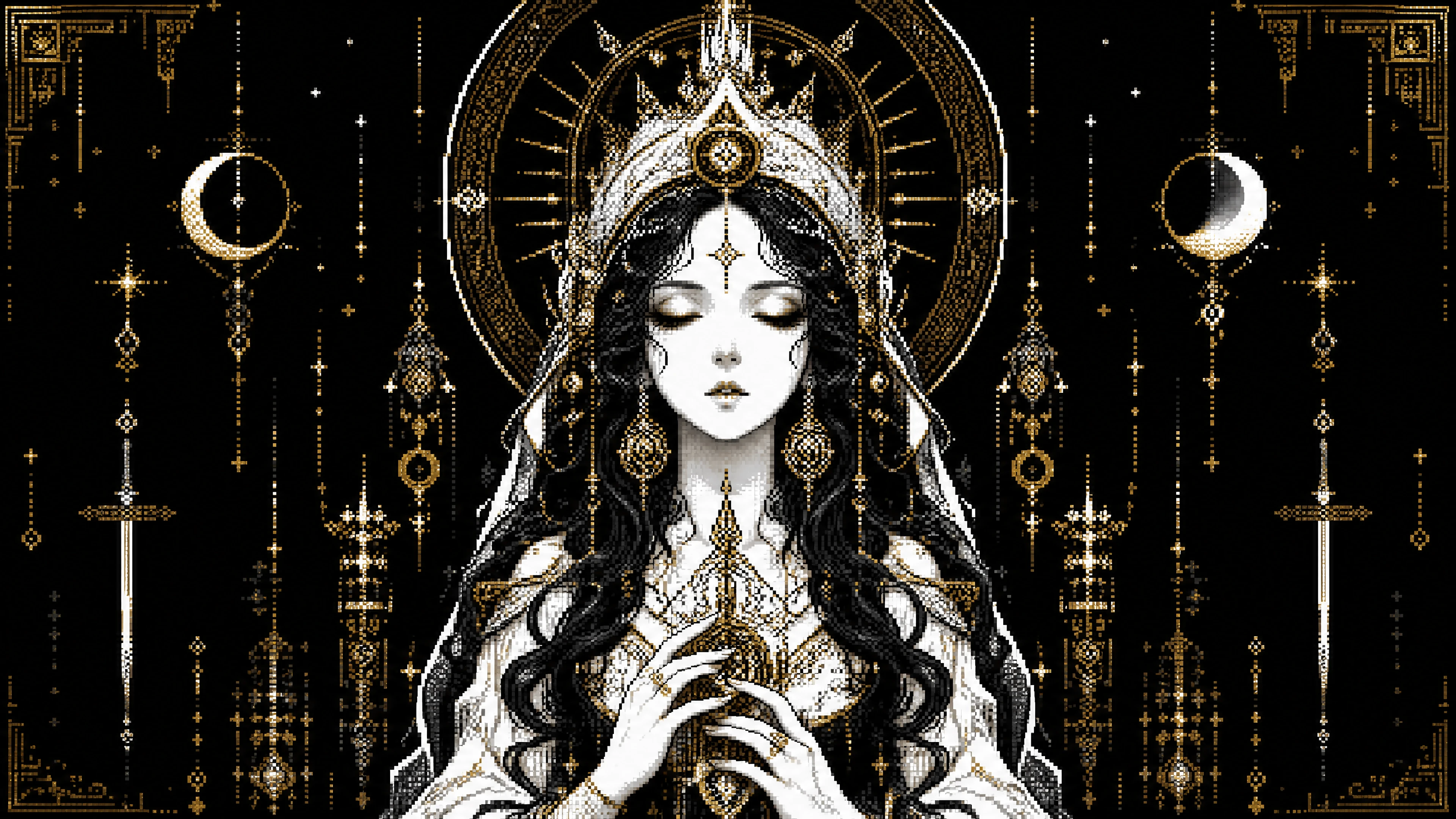 Una mujer mística en pixel art monocromático con detalles dorados