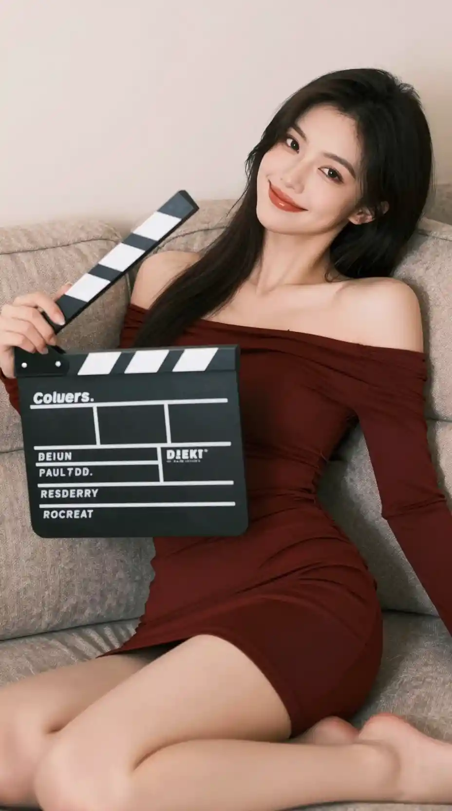 Una mujer glamurosa reclinada en un sofá con una claqueta, vestida con un vestido palabra de honor