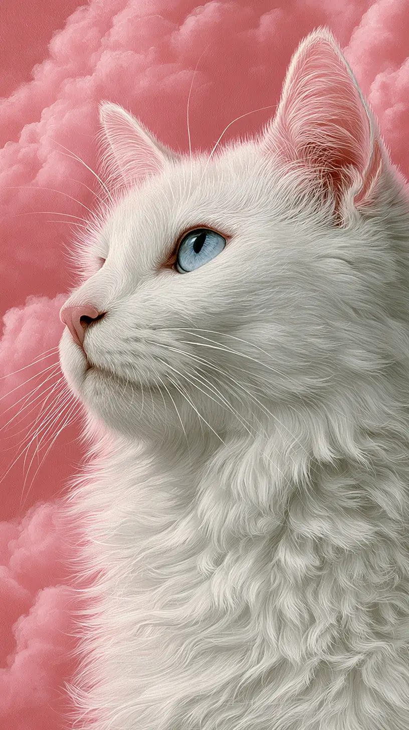 A white cat with blue eyes against pink clouds