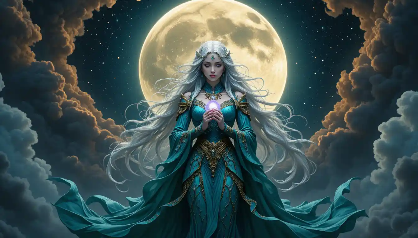 Una mujer de un mundo fantástico bajo una luna inmensa en un cielo celestial