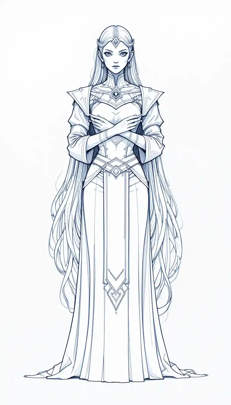 A fantasy woman with flowing hair stands in a ceremonial pose